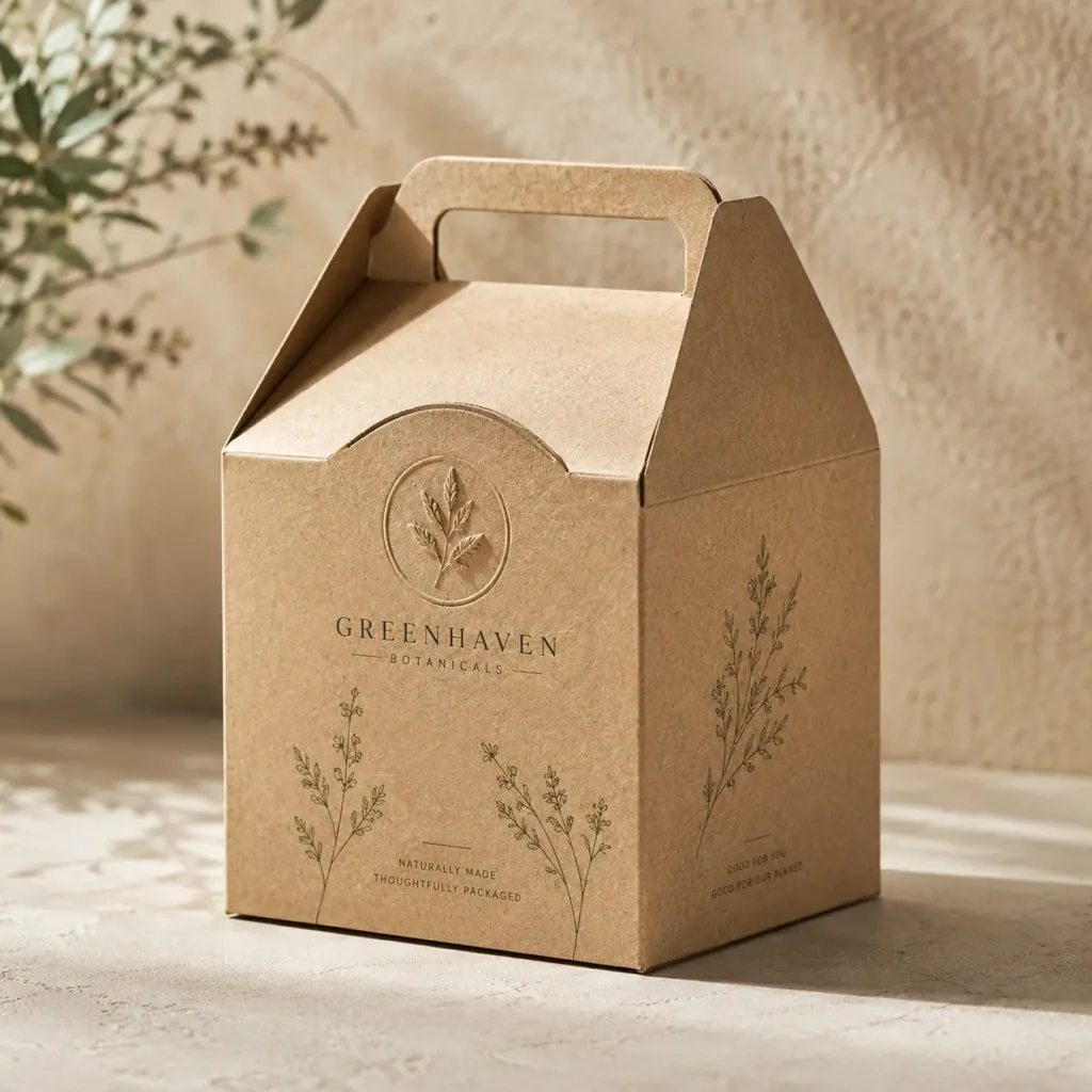 Kraft paper gable gift box with botanical embossed logo for Greenhaven Botanicals, eco-friendly sustainable packaging design with floral prints