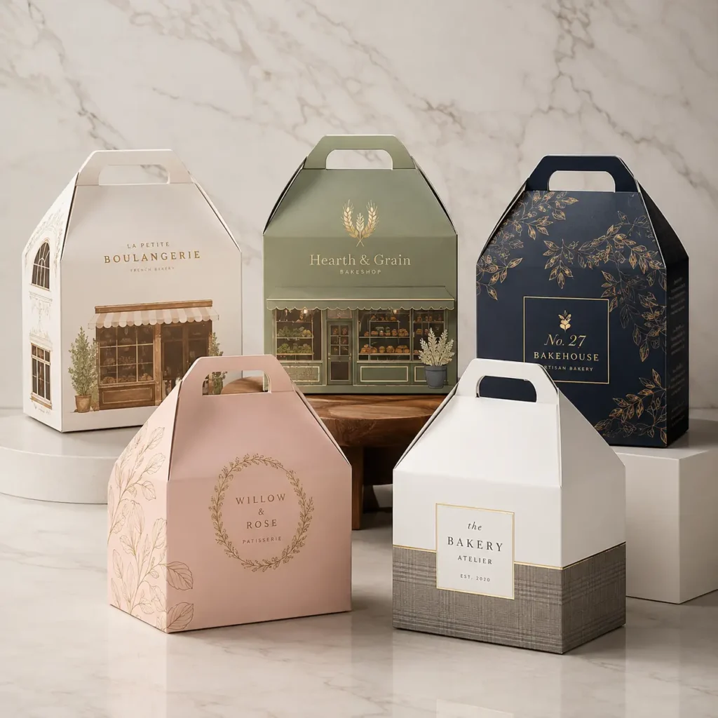 Five elegant bakery gift boxes with handles in white, green, navy, pink, and gray custom packaging designs on marble surface