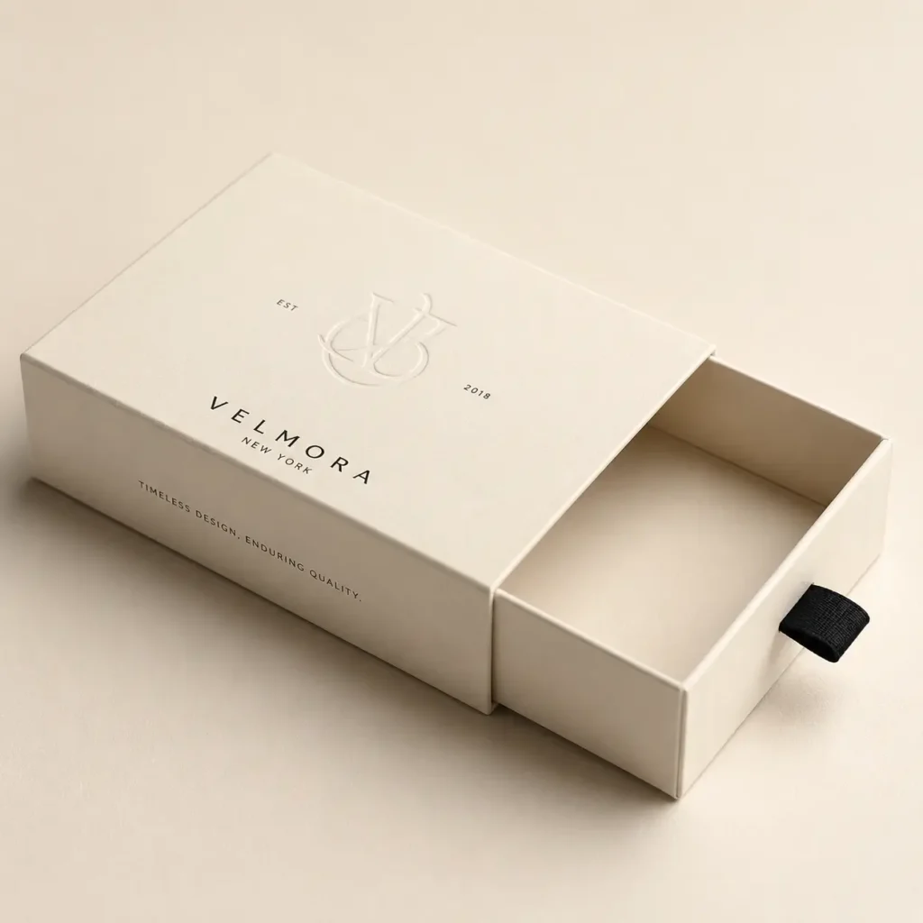 Cream luxury sliding drawer gift box with embossed monogram, Velmora New York branding, black ribbon pull, premium rigid packaging