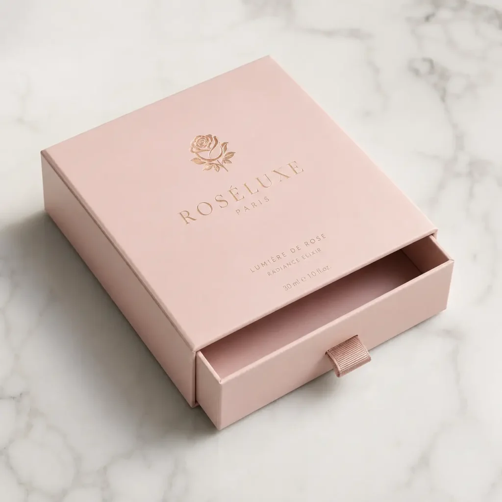 Blush pink luxury drawer gift box with gold rose logo for Roséluxe Paris Radiance Elixir on marble surface