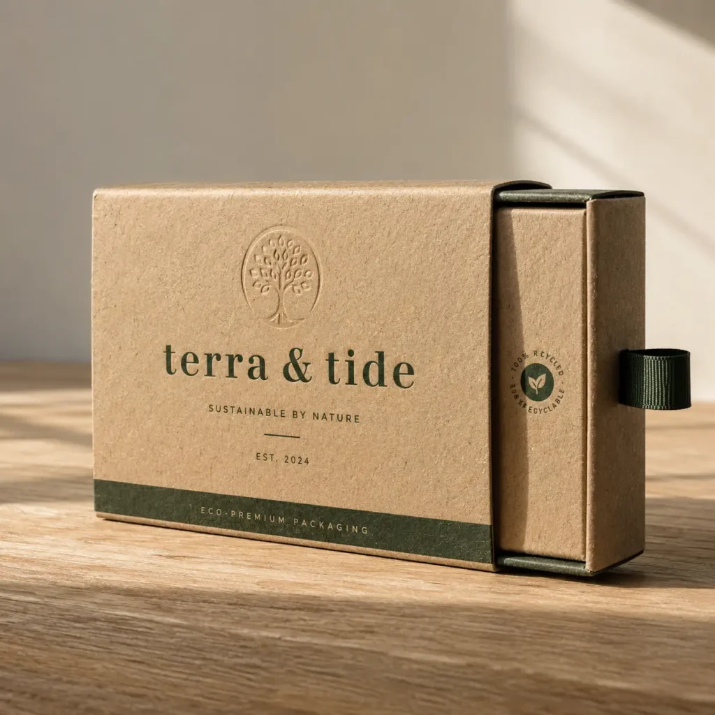 Kraft eco-friendly sliding drawer box with green tree emboss, terra & tide branding, dark green ribbon pull, sustainable packaging design