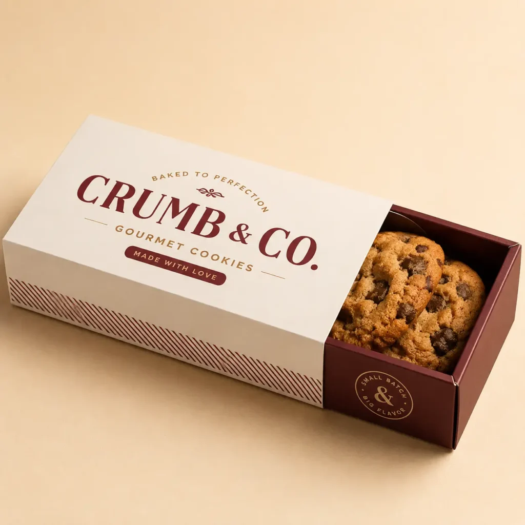 Crumb & Co. gourmet cookie gift box packaging, white and burgundy sliding drawer box with chocolate chip cookies inside