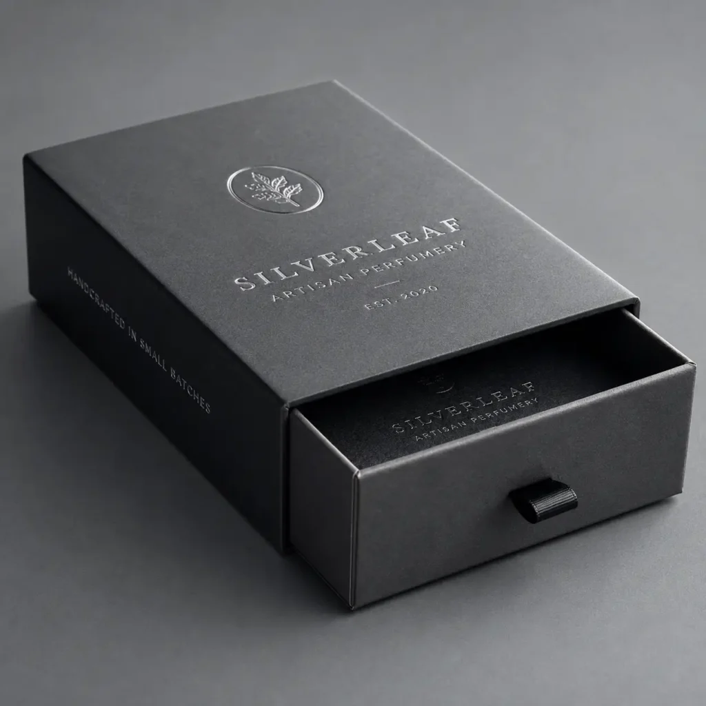 Luxury black drawer gift box with silver foil Silverleaf Artisan Perfumery logo, elegant custom rigid packaging design