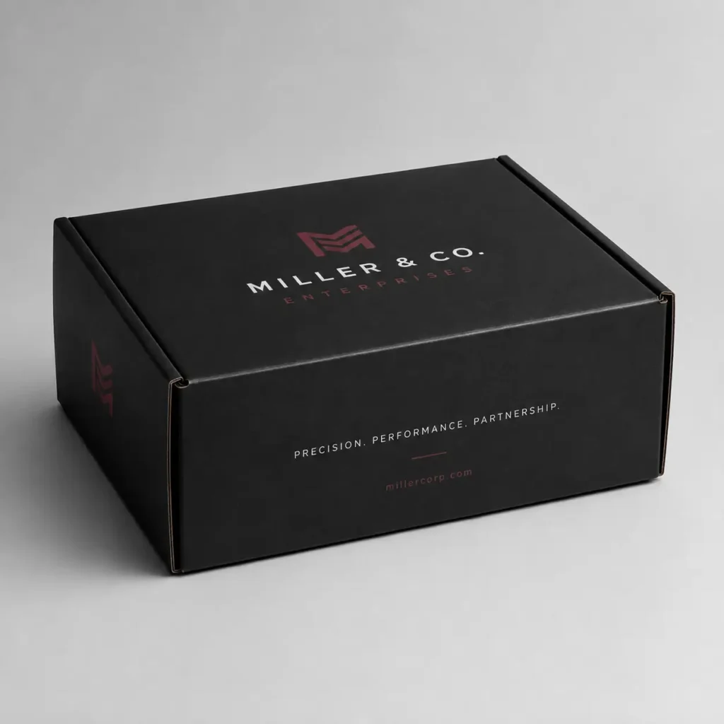 Black custom mailer box with dark red Miller & Co. Enterprises logo, premium branded packaging by The Packaging Masters