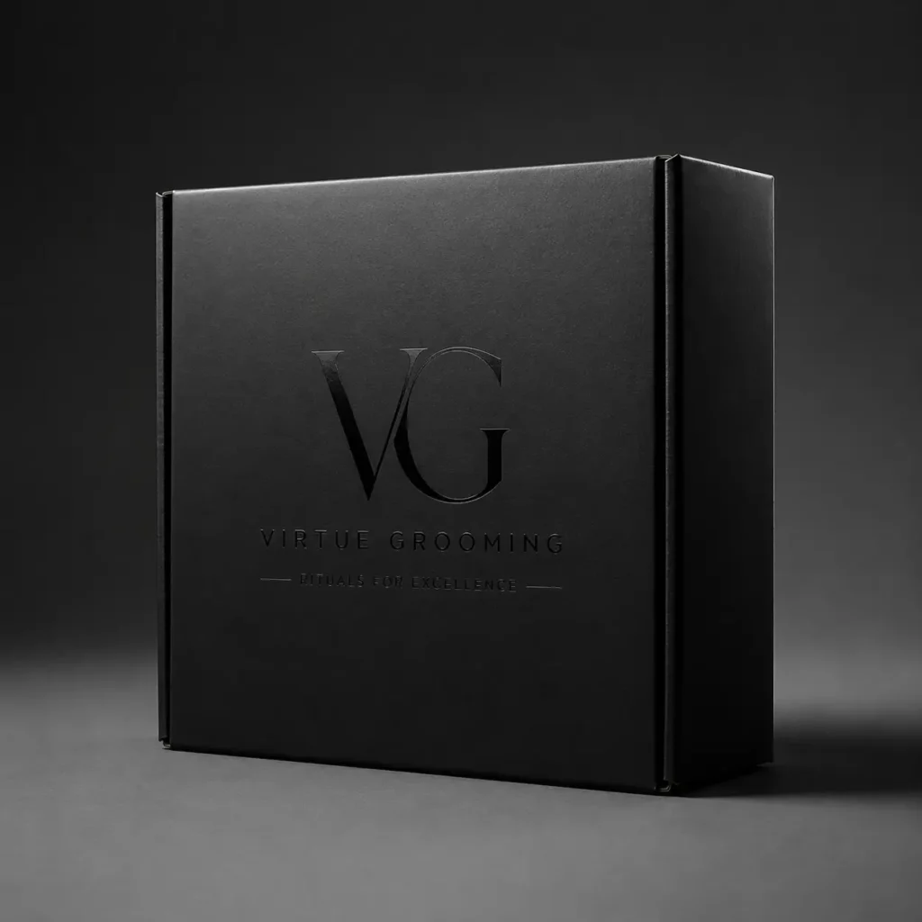 Matte black luxury grooming gift box with embossed VG Virtue Grooming logo, elegant premium packaging design for men's grooming brand