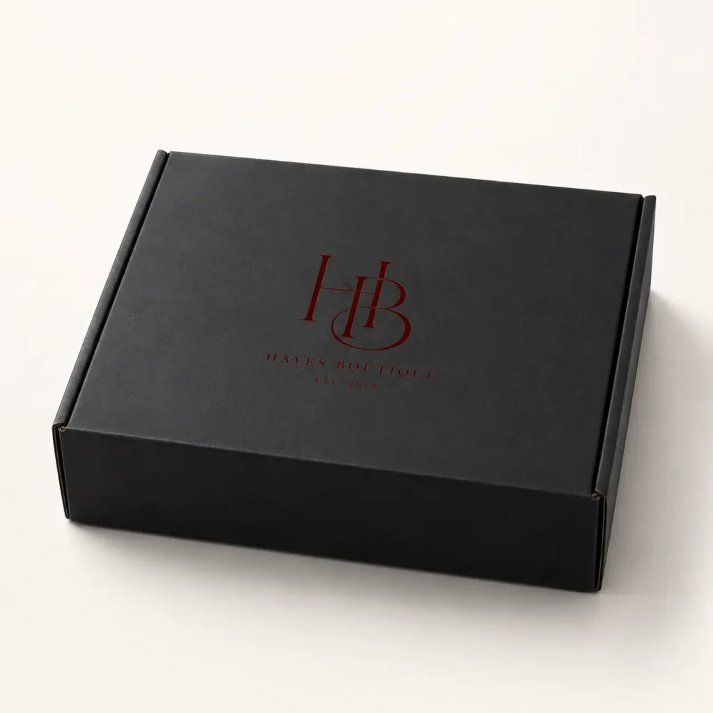 Black custom mailer box with dark red HB monogram logo for Hayes Boutique Est. 2018, luxury branded packaging design