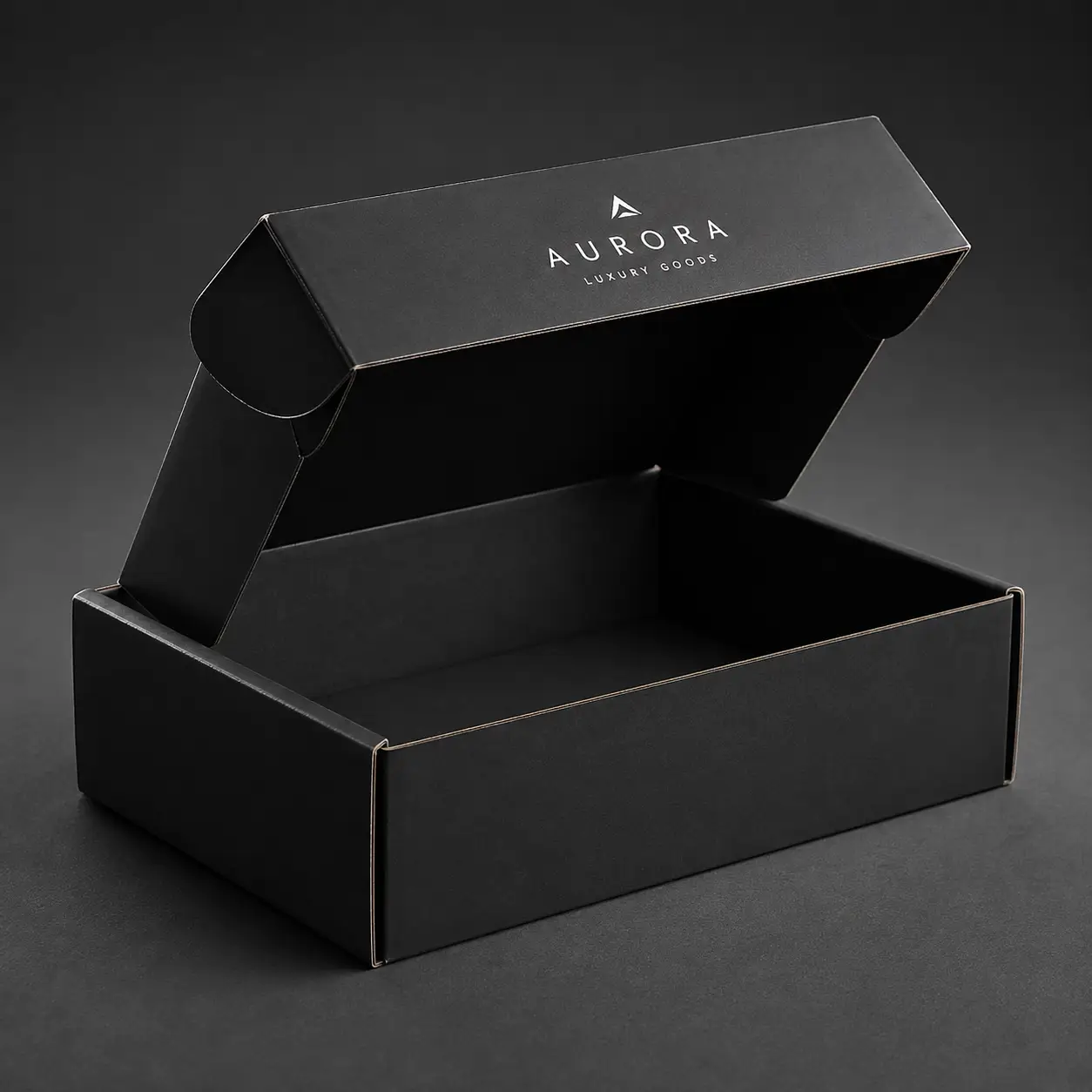 Black Aurora Luxury Goods custom mailer box open lid matte finish premium branded packaging by The Packaging Masters