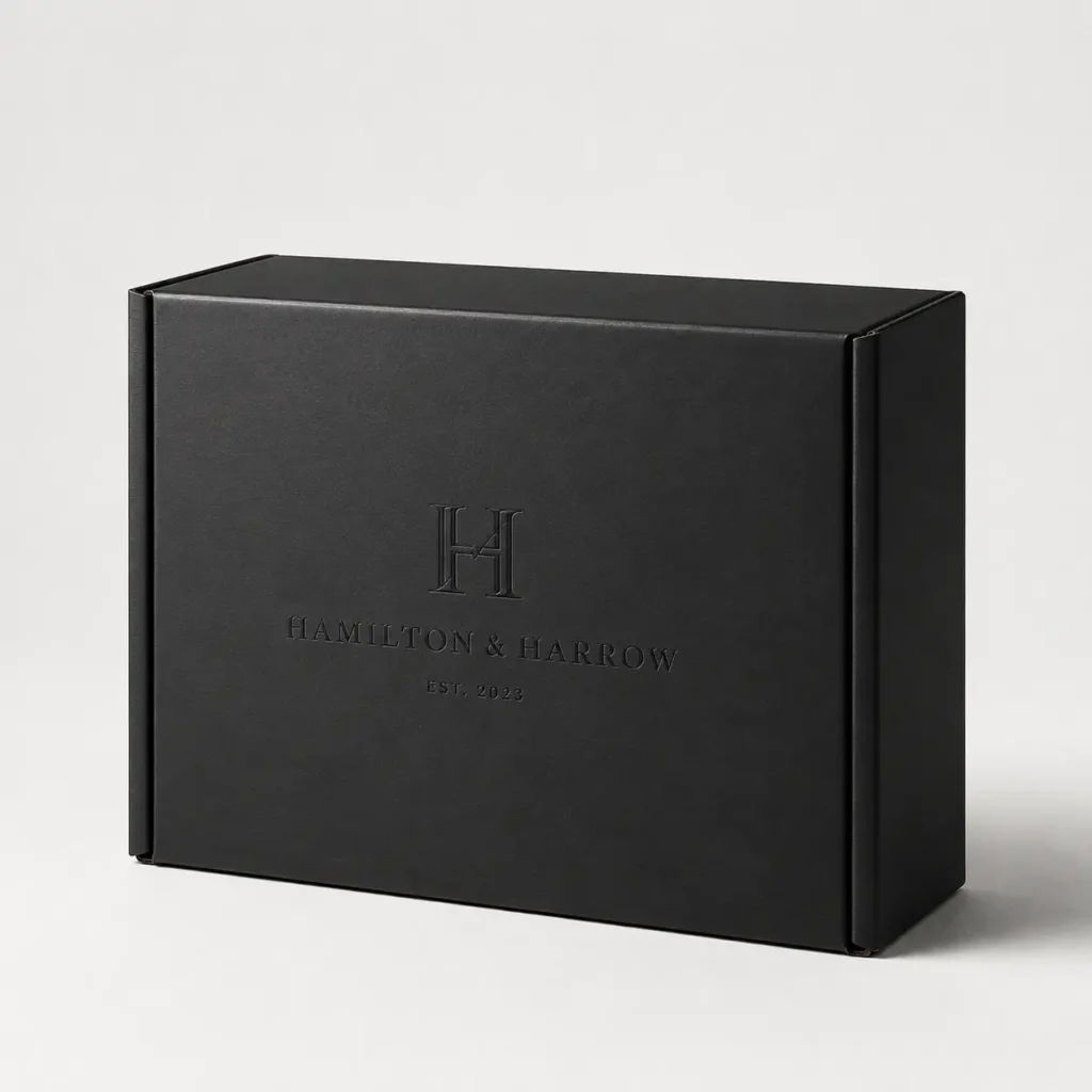 Matte black luxury mailer box with embossed Hamilton & Harrow logo, elegant custom branded packaging by The Packaging Masters