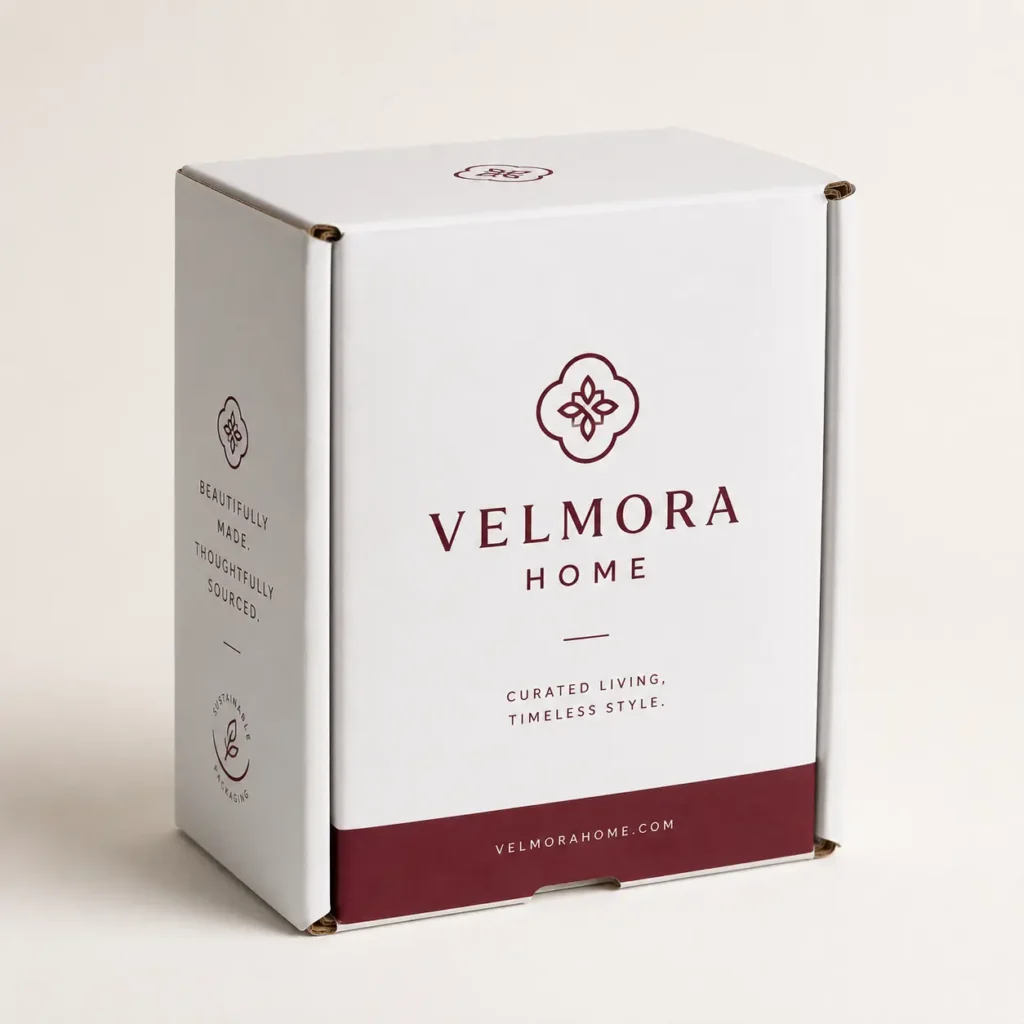White Velmora Home branded shipping box with burgundy logo, curated living tagline, and sustainable packaging label