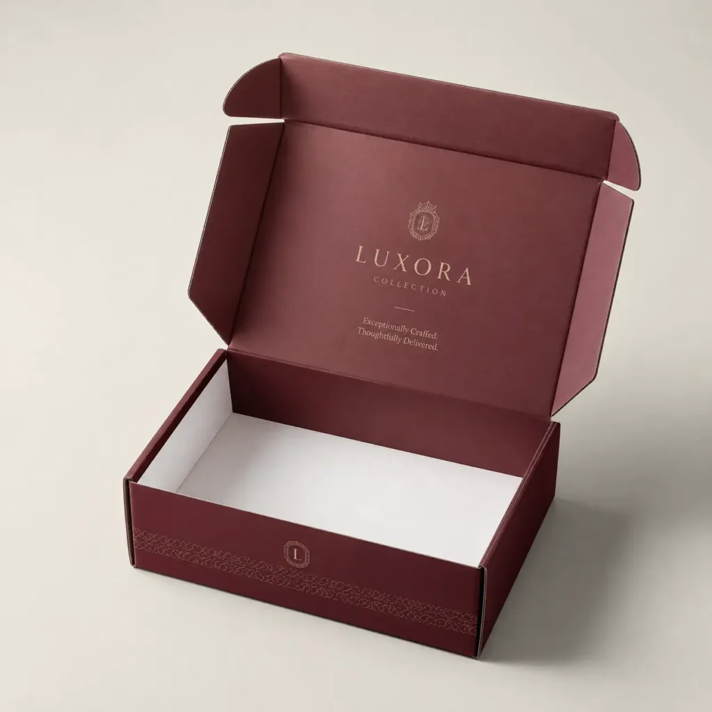 Luxora Collection open burgundy mailer box with gold logo, white interior, premium custom luxury packaging design