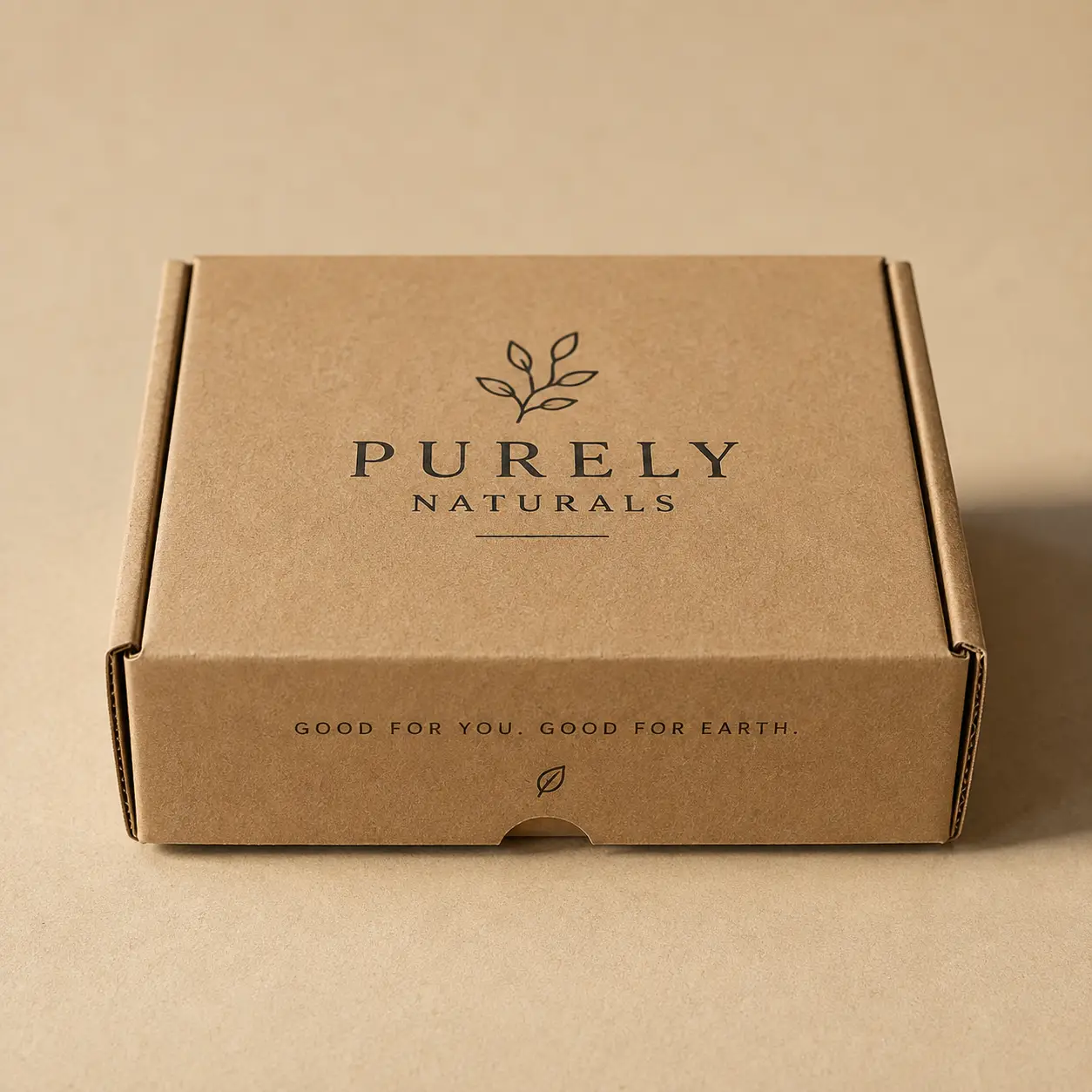 Kraft brown corrugated mailer box printed with Purely Naturals logo and leaf icon, eco-friendly custom packaging design