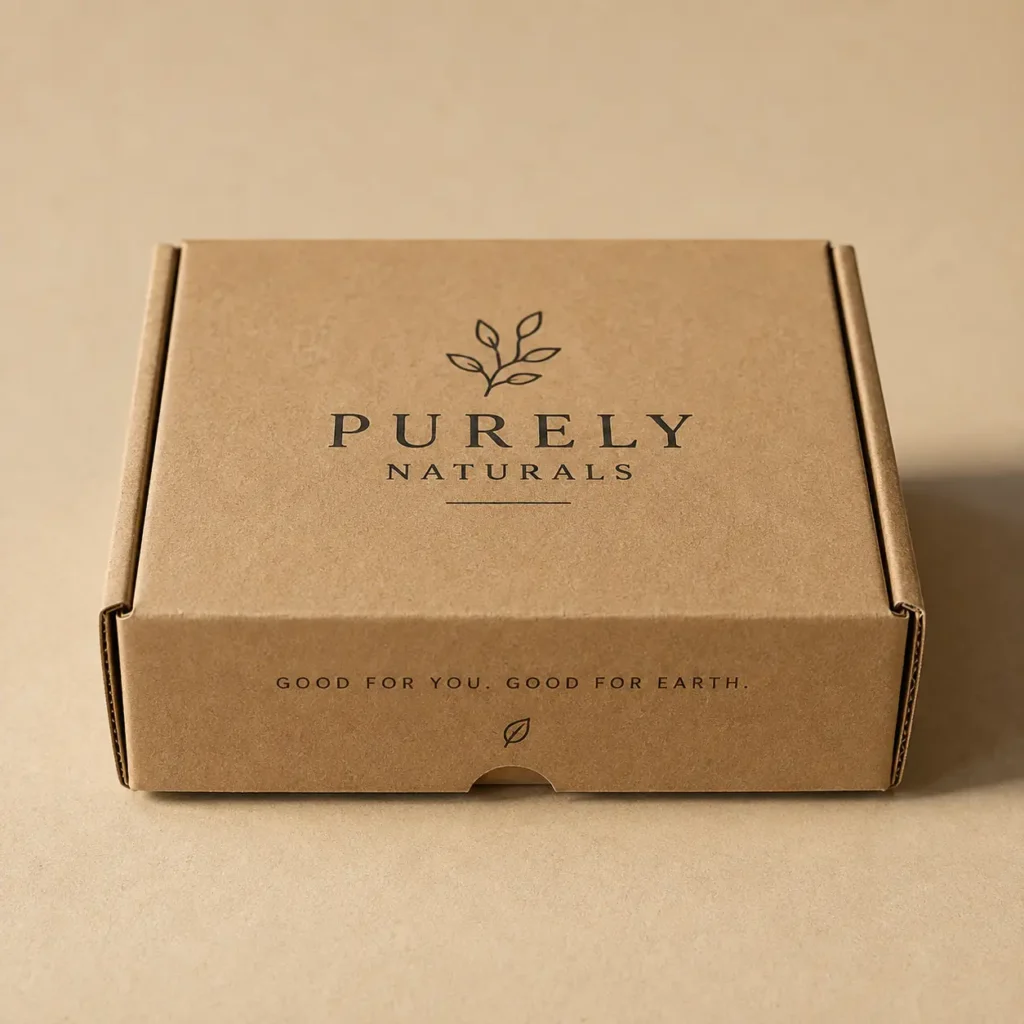 Kraft brown corrugated mailer box printed with Purely Naturals logo and leaf icon, eco-friendly custom packaging design