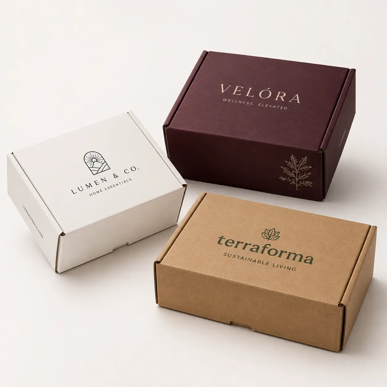 Three branded mailer boxes: white Lumen & Co, burgundy Velóra wellness, kraft Terraforma sustainable custom packaging designs
