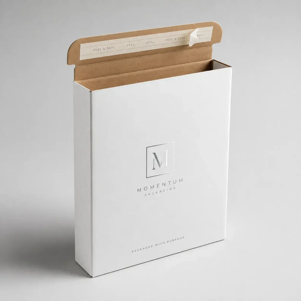 White corrugated mailer box with silver Momentum Packaging logo, peel and seal closure open, clean minimal design