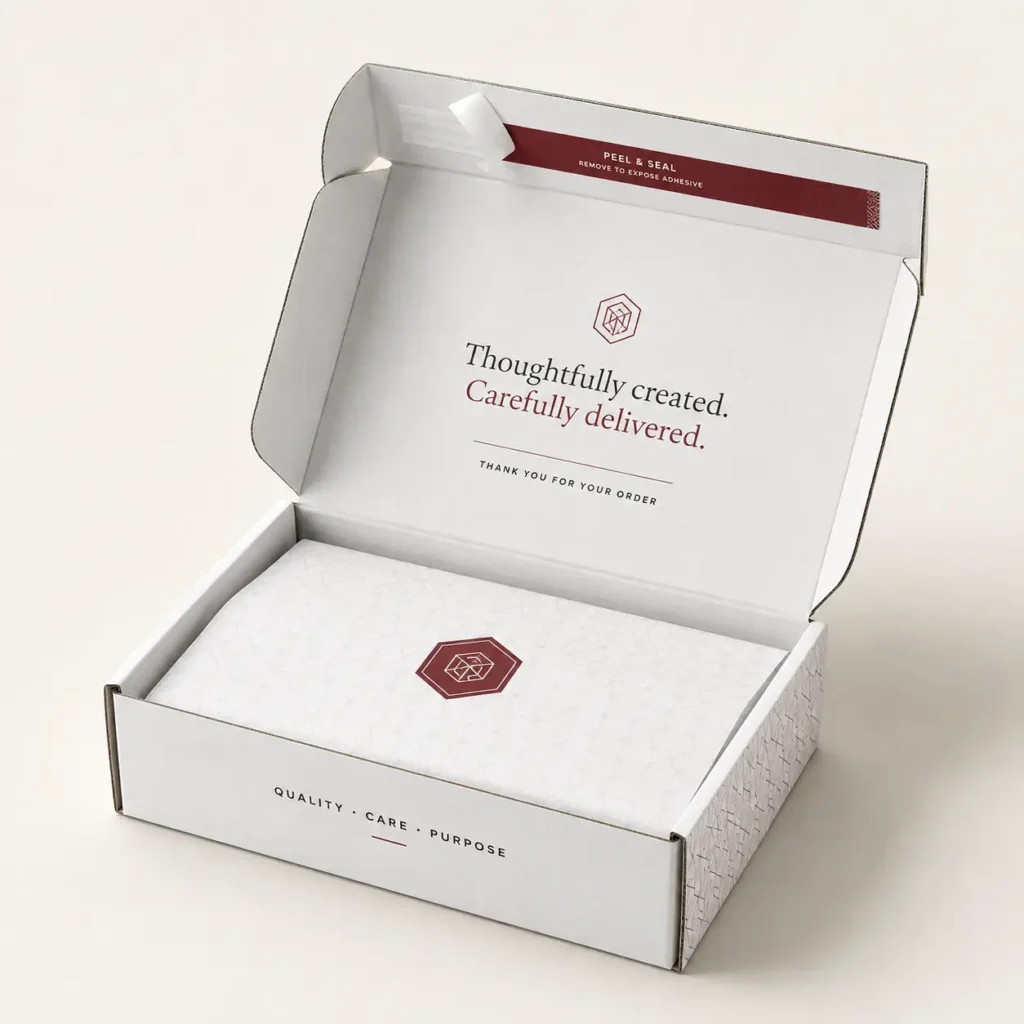 White custom mailer box open revealing burgundy peel-seal strip, tissue paper, and elegant branding with quality packaging design