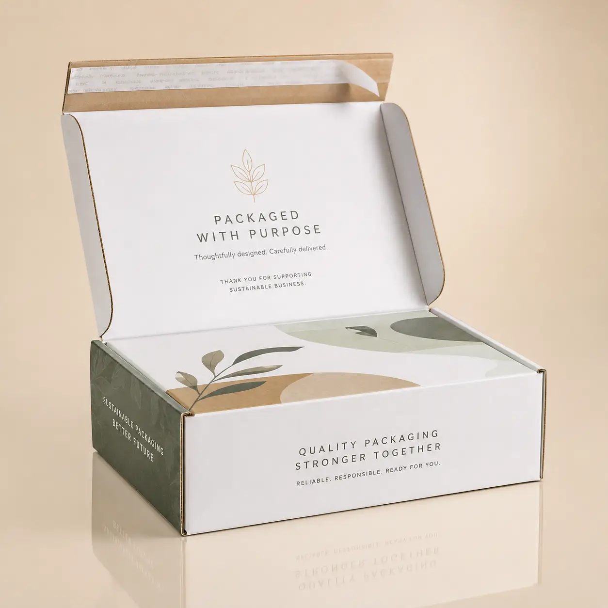 White sustainable mailer box open displaying botanical print design and eco-friendly messaging — The Packaging Masters custom packaging