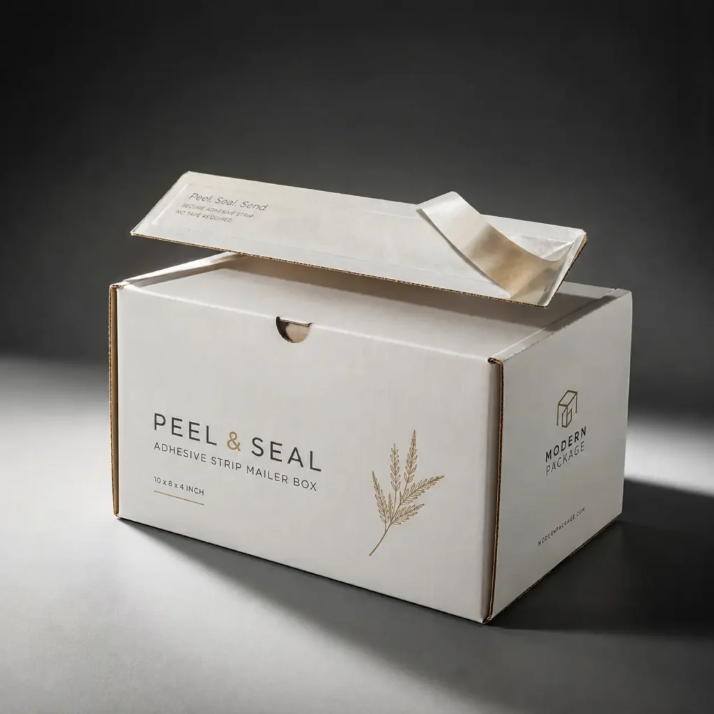 White peel and seal adhesive strip mailer box 10x8x4 inch open lid by Modern Package on light background