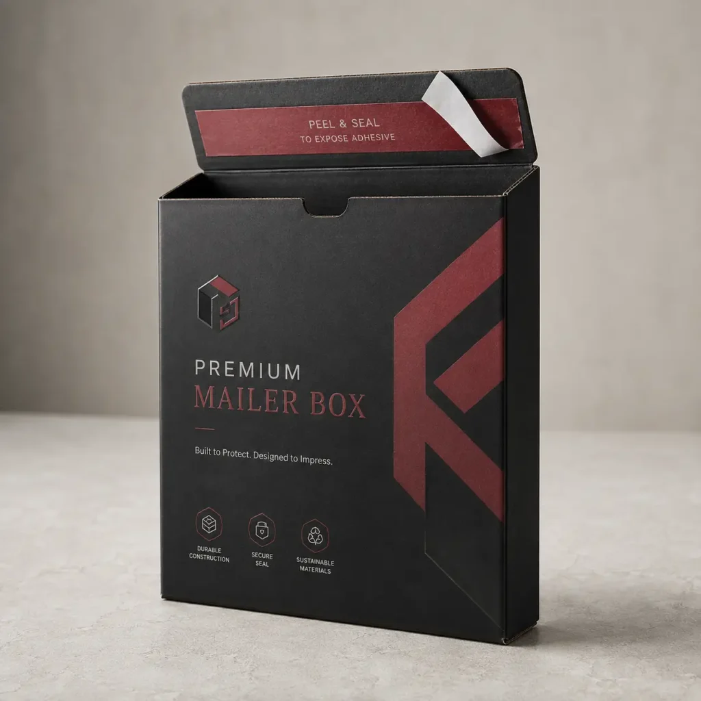 Black premium mailer box with red geometric logo, peel and seal lid open, showcasing durable custom packaging by The Packaging Masters
