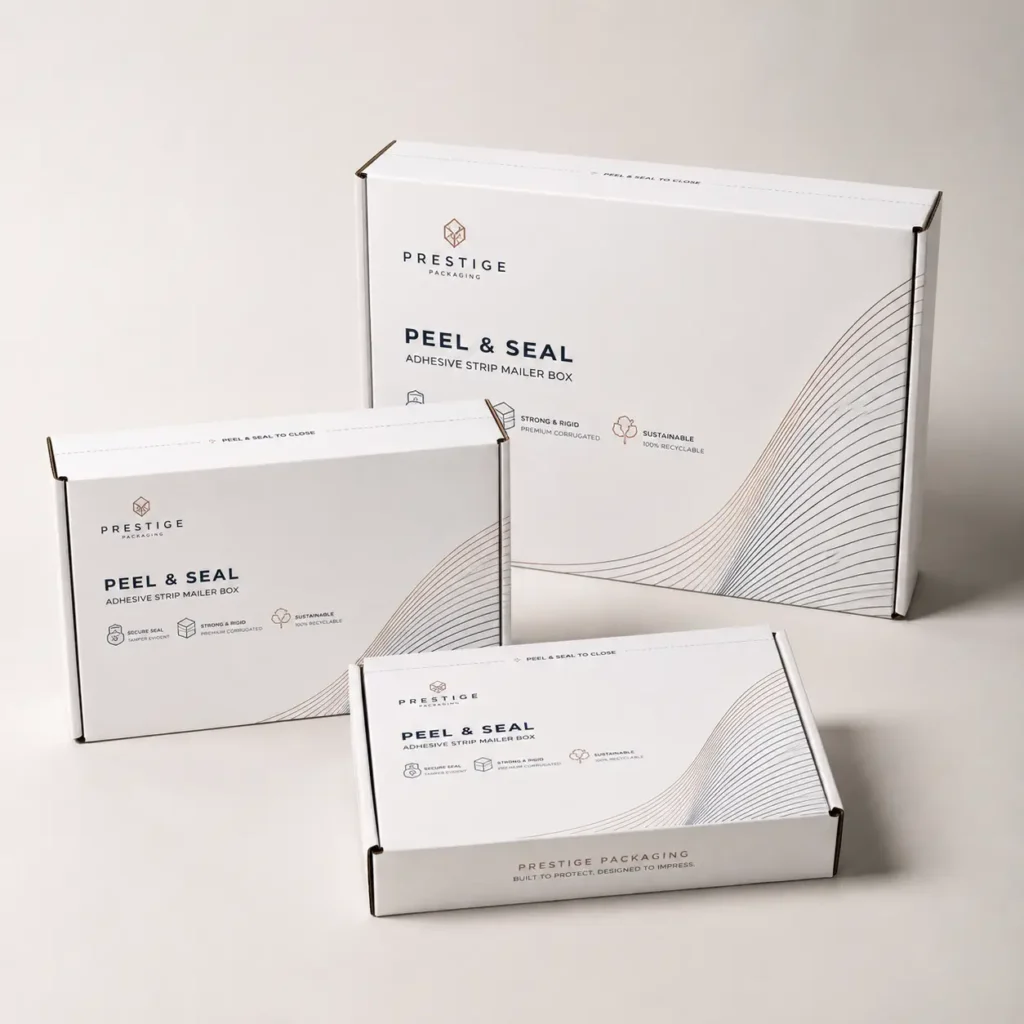 Three white Prestige Peel & Seal corrugated mailer boxes in different sizes on light background, sustainable packaging