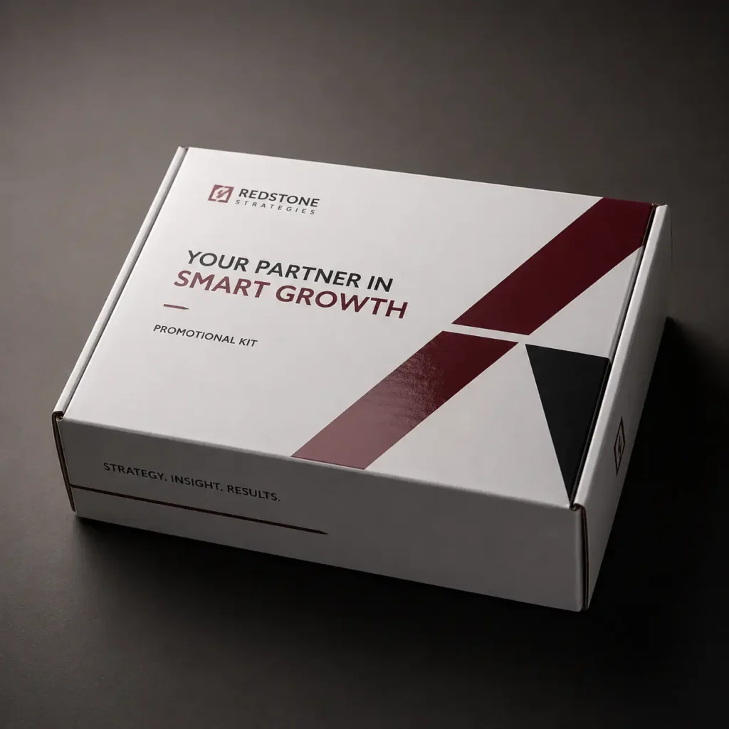 White custom promotional mailer box with dark red diagonal stripe, branded Redstone Strategies smart growth packaging kit on dark background