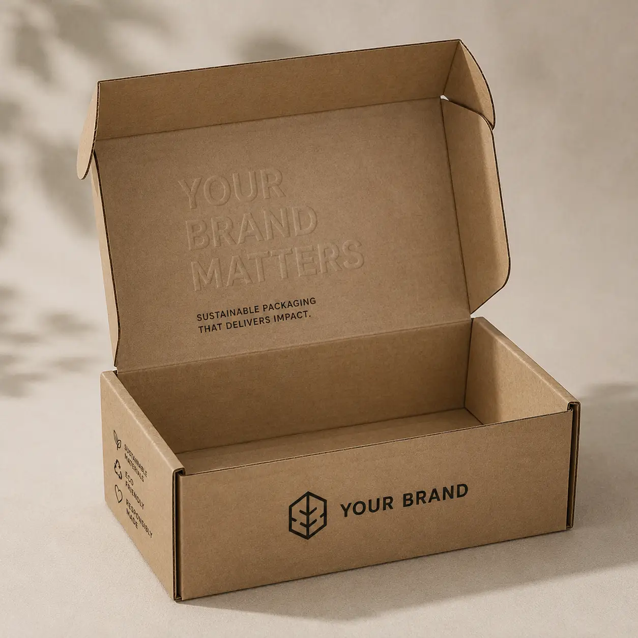 Kraft brown custom mailer box open lid embossed branding sustainable eco-friendly packaging by The Packaging Masters