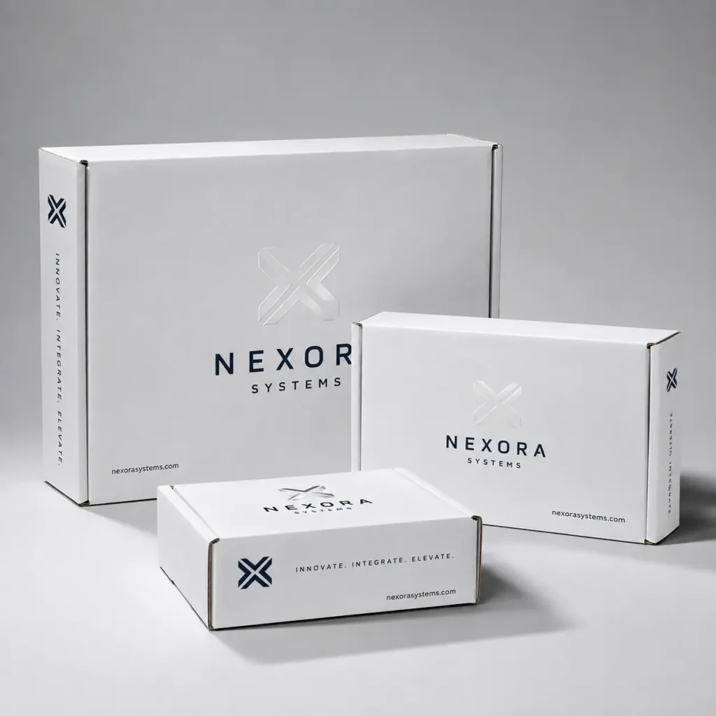Three white Nexora Systems custom branded mailer boxes in different sizes with navy logo and tagline on gray background