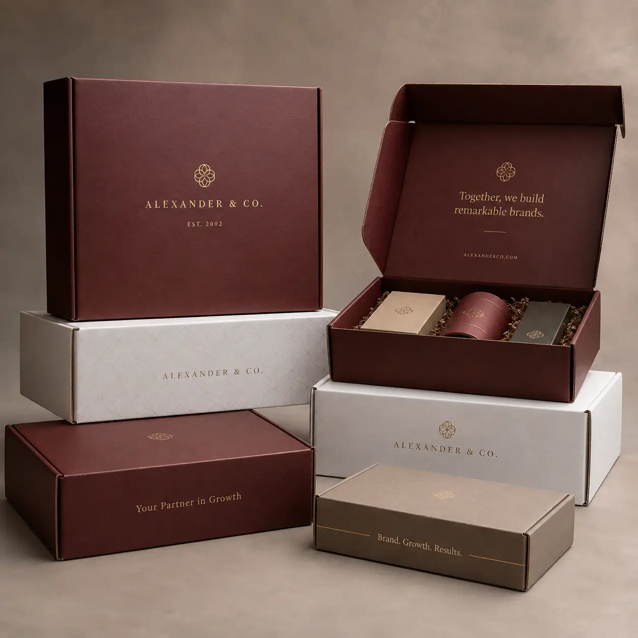 Luxury burgundy and white custom branded mailer boxes by Alexander & Co, gold foil logo, gift packaging set, premium unboxing experience