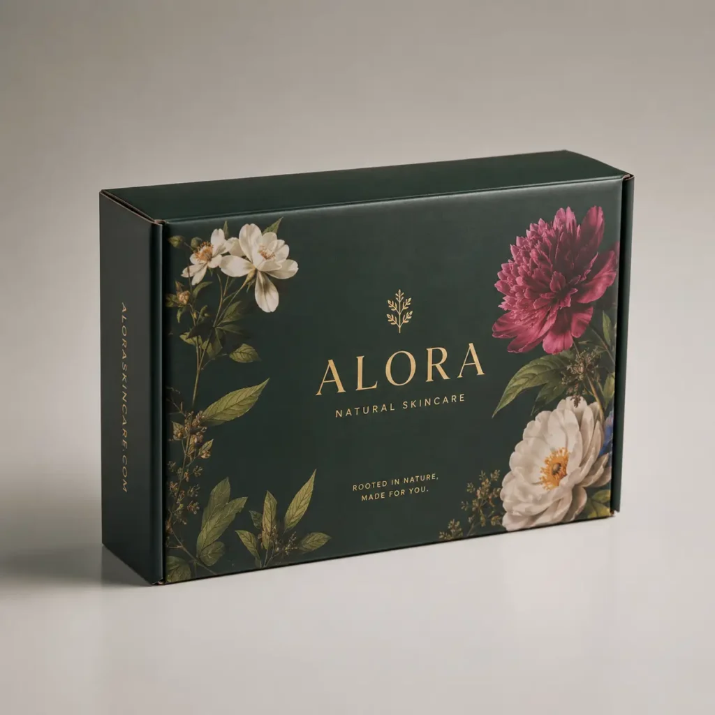 Dark green luxury skincare gift box with gold Alora Natural Skincare branding and botanical floral illustrations, custom packaging design