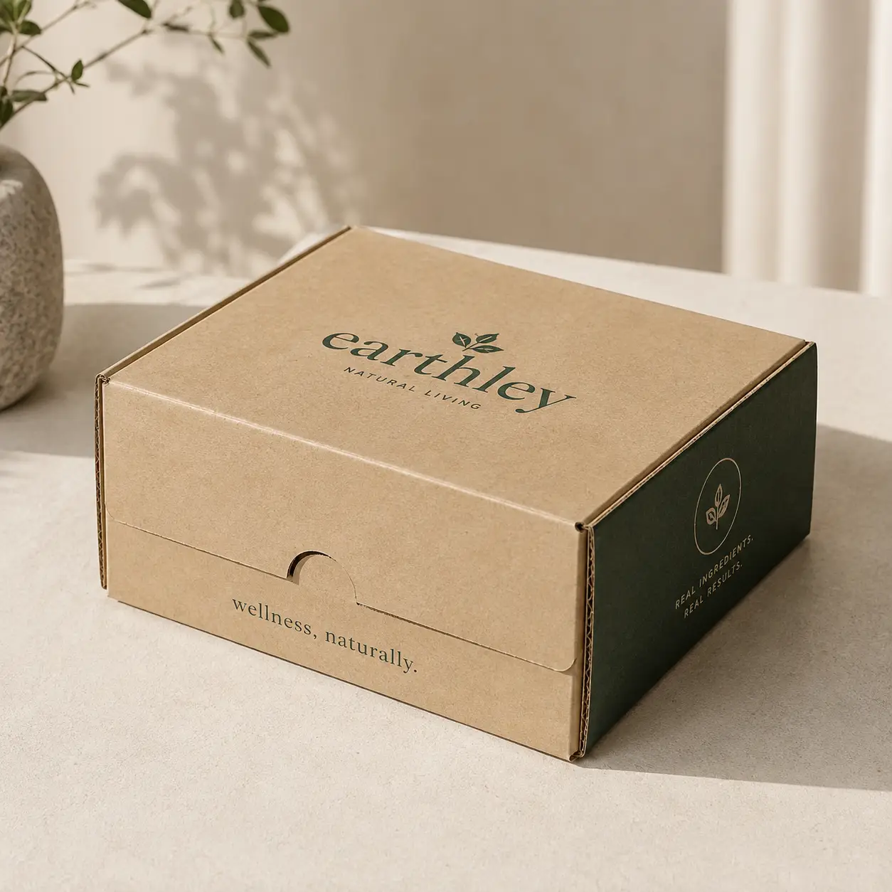 Earthley Natural Living kraft cardboard mailer box with dark green branding, wellness packaging design on beige surface
