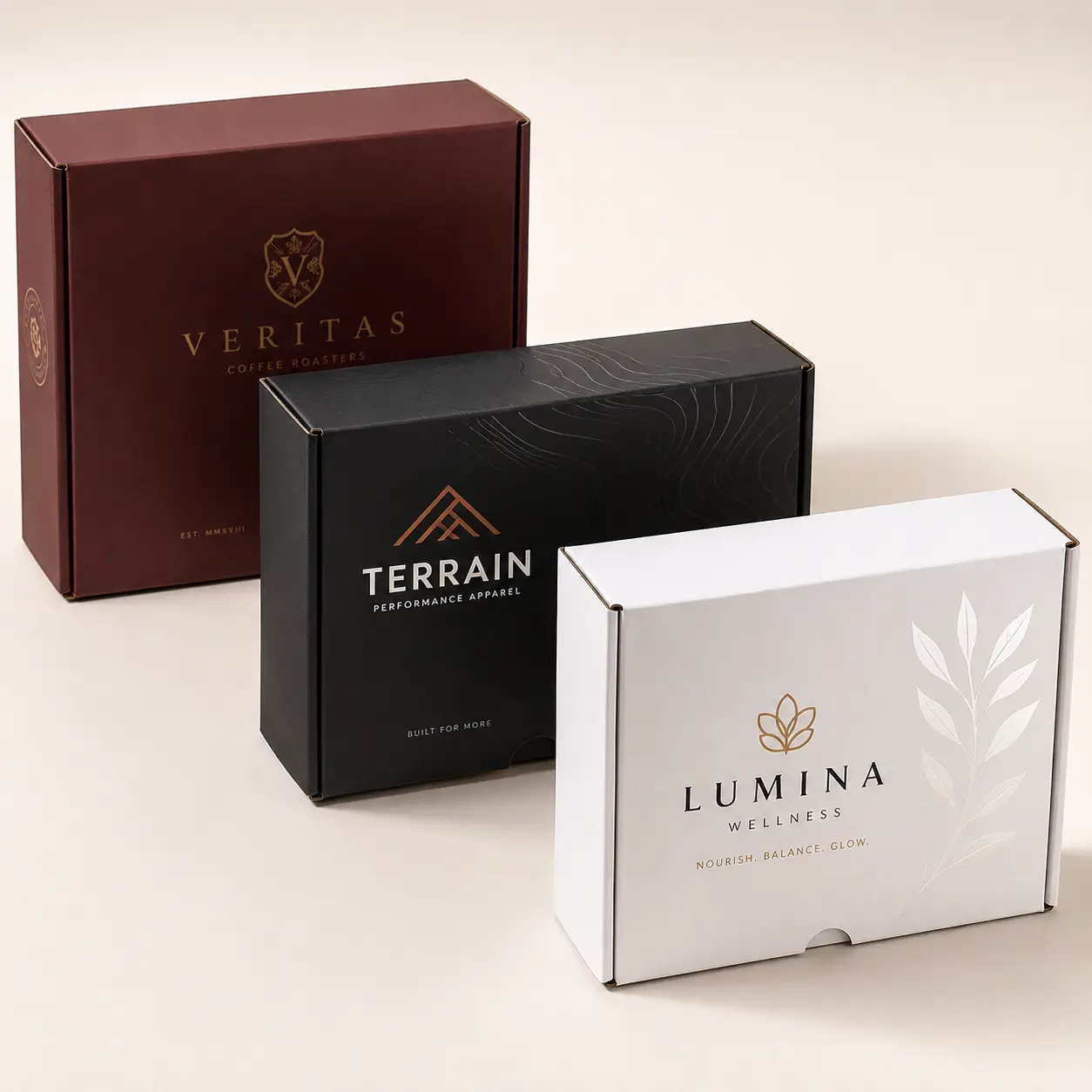 Three custom branded shipping boxes in dark red, black, and white showcasing premium packaging design for Veritas, Terrain, and Lumina