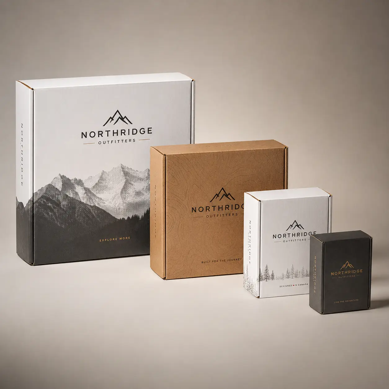 Four Northridge Outfitters custom branded boxes in white, kraft brown, and charcoal with mountain graphics and gold foil accents