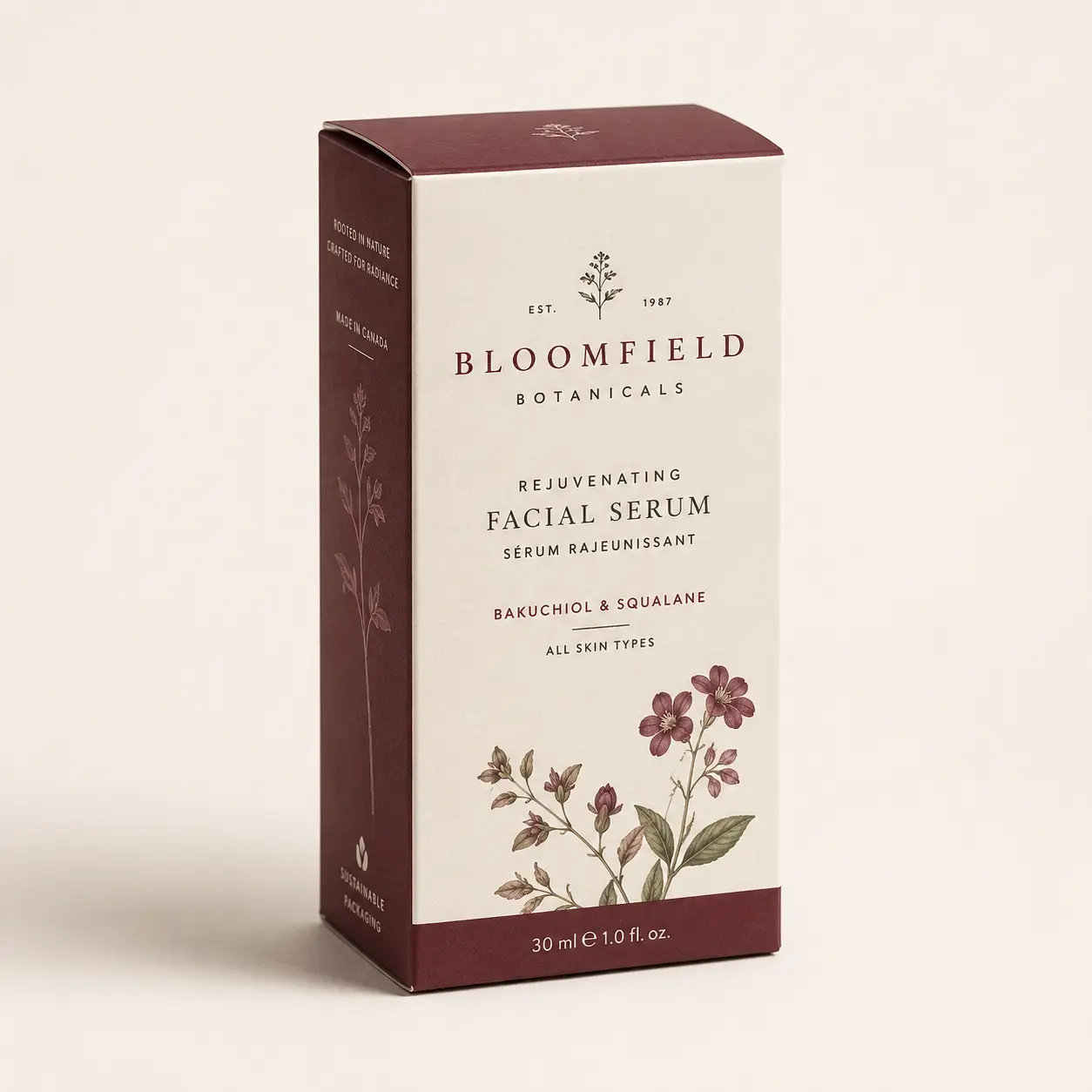 Bloomfield Botanicals Rejuvenating Facial Serum box, burgundy and cream, botanical floral design, bakuchiol squalane, 30ml skincare packaging
