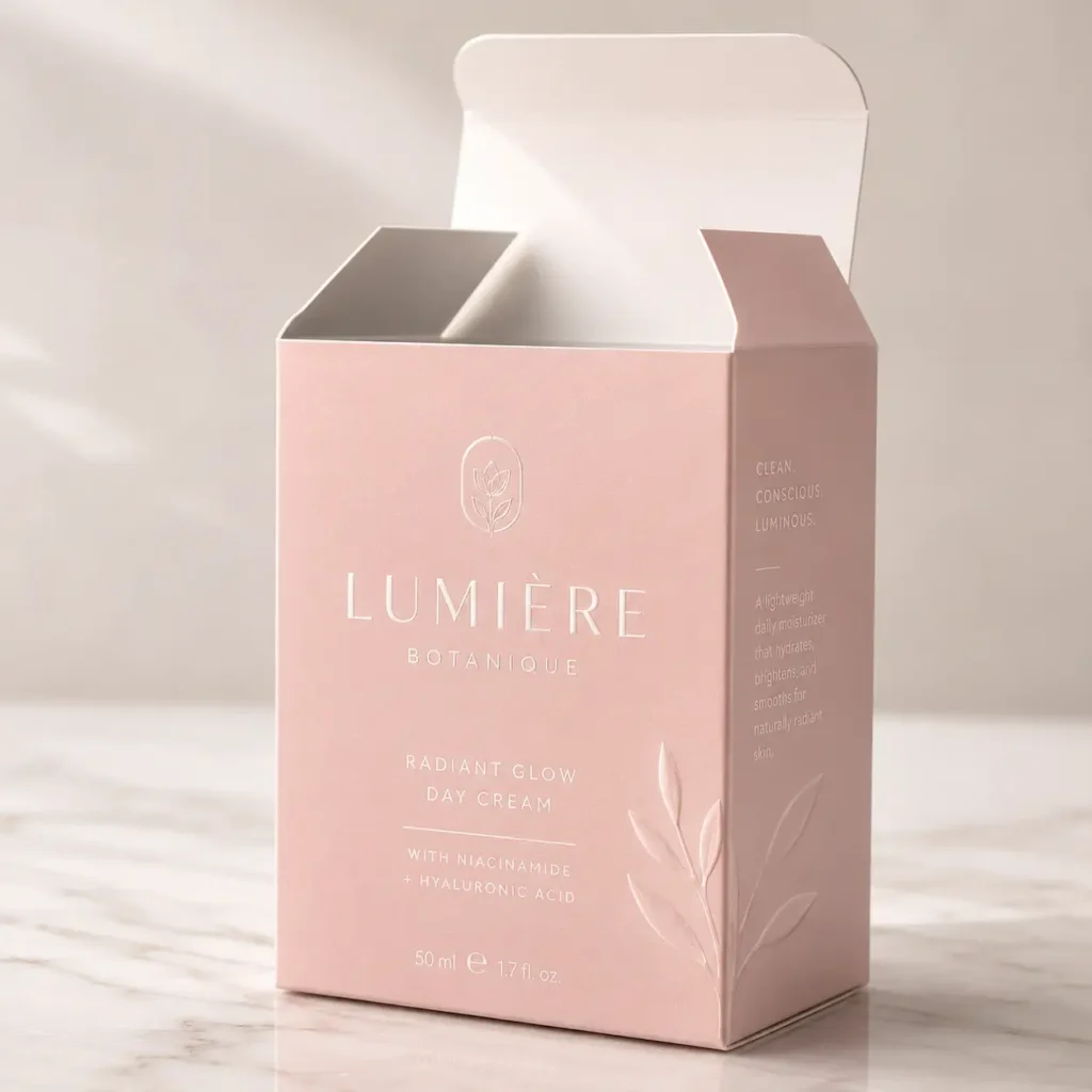 Pink luxury skincare box packaging for Lumière Botanique Radiant Glow Day Cream with embossed floral design on marble surface