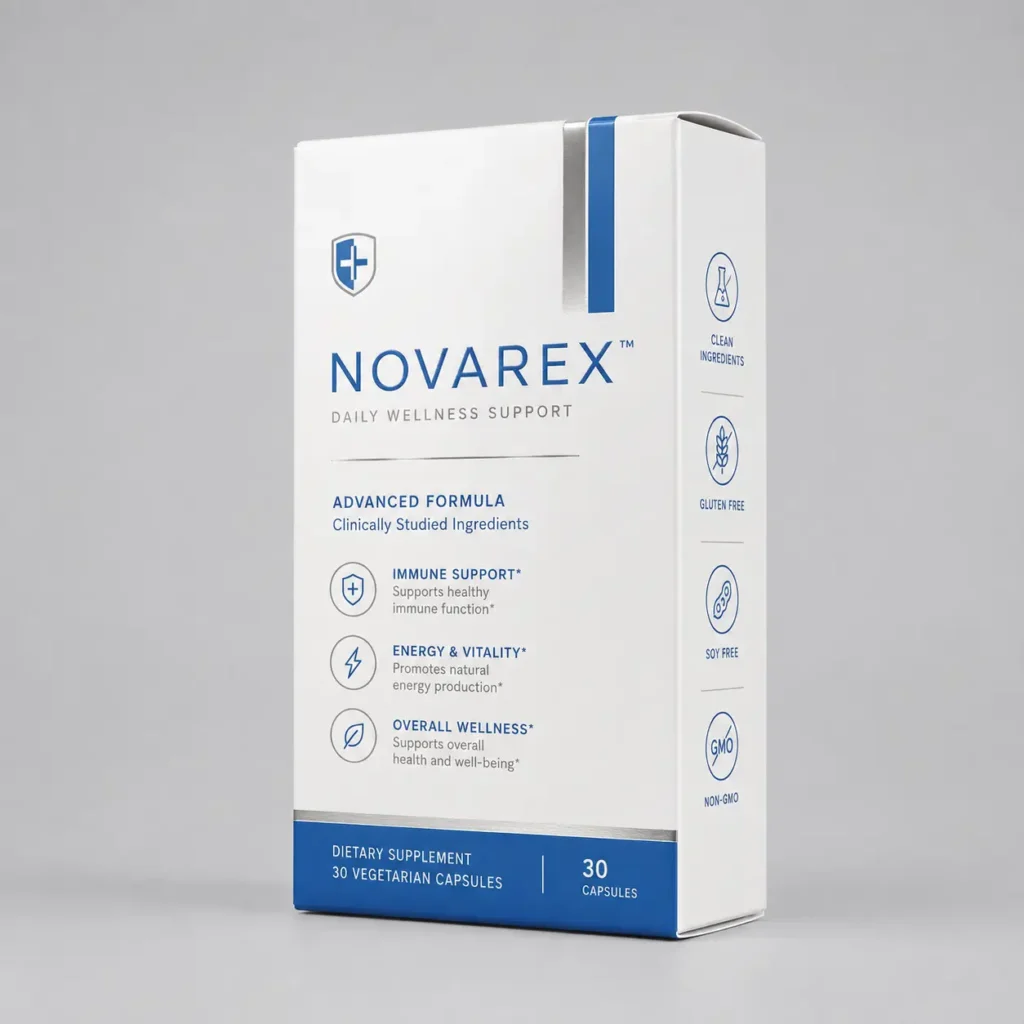 Novarex Daily Wellness Support supplement box, white and blue packaging, 30 vegetarian capsules, immune support, non-GMO, gluten-free