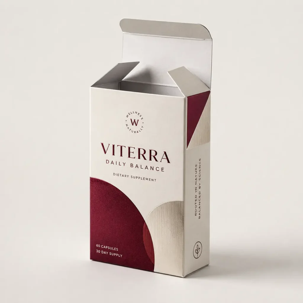 Viterra Daily Balance dietary supplement box, white and burgundy premium packaging, 60 capsules 30-day supply, elegant product box design