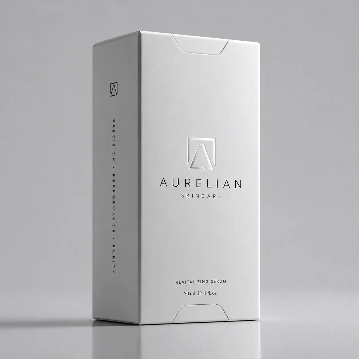 Aurelian Skincare luxury white Revitalizing Serum 30ml box packaging with embossed logo, minimalist premium design