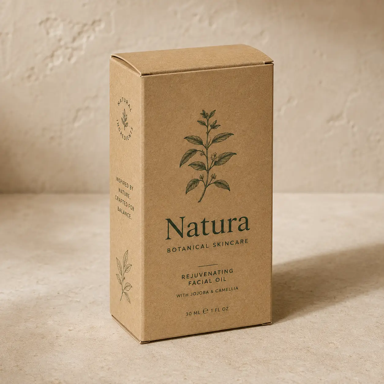 Natura Botanical Skincare kraft brown eco facial oil box with green botanical illustration, natural minimalist packaging design