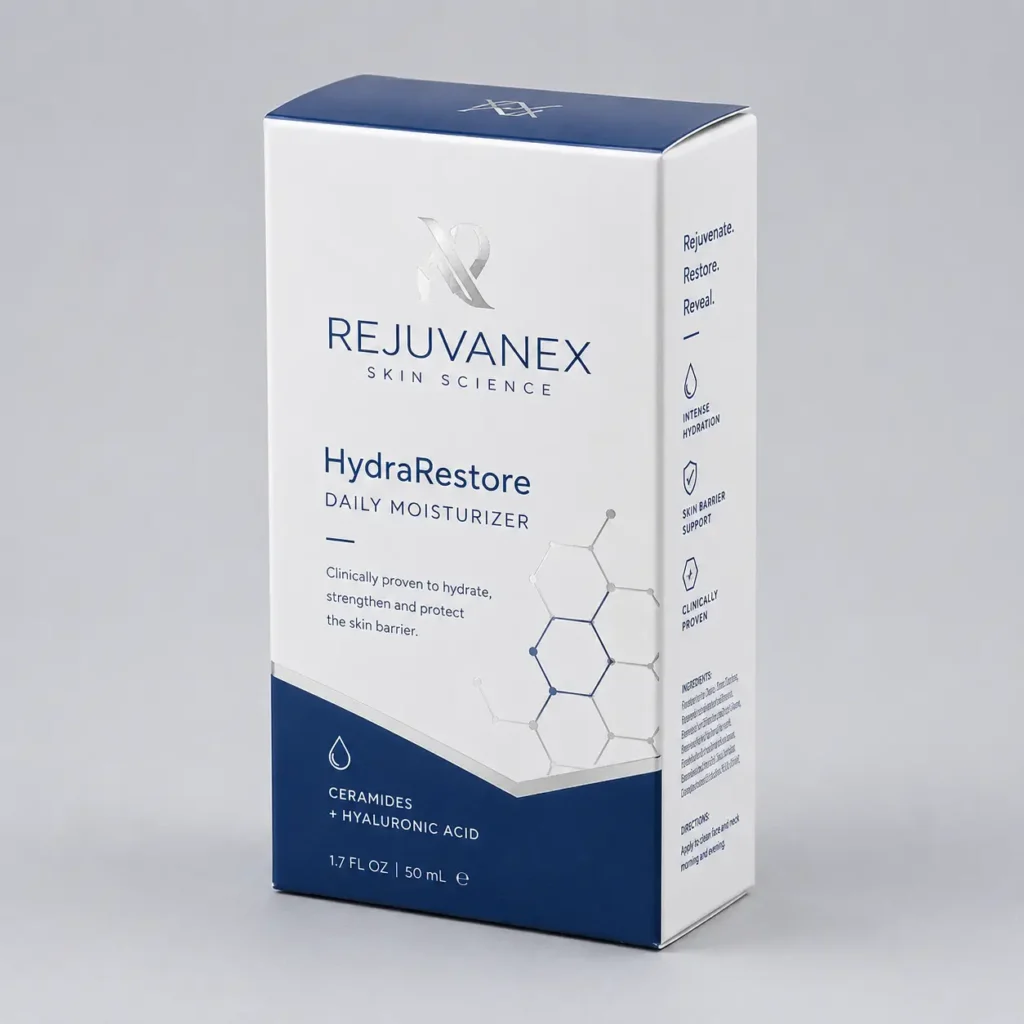 Rejuvanex Skin Science HydraRestore Daily Moisturizer box, navy blue and white skincare packaging design, ceramides hyaluronic acid, 50ml