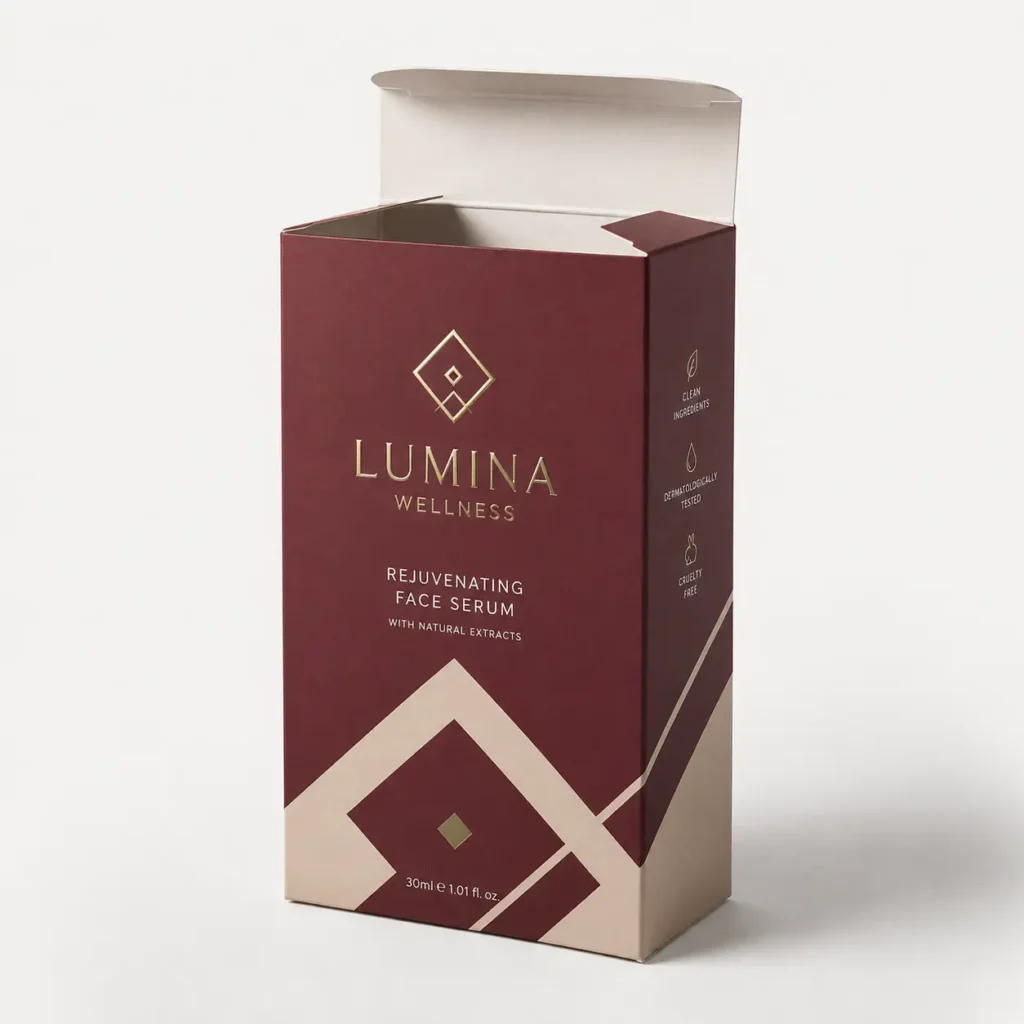 Lumina Wellness Rejuvenating Face Serum 30ml luxury packaging box in deep burgundy and gold, cruelty-free skincare, open lid display