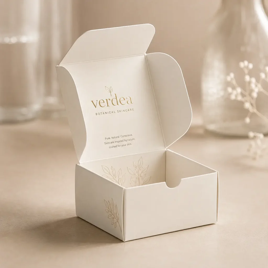 Elegant cream white custom luxury skincare box with gold botanical print, open lid showing Verdea Botanical Skincare branding