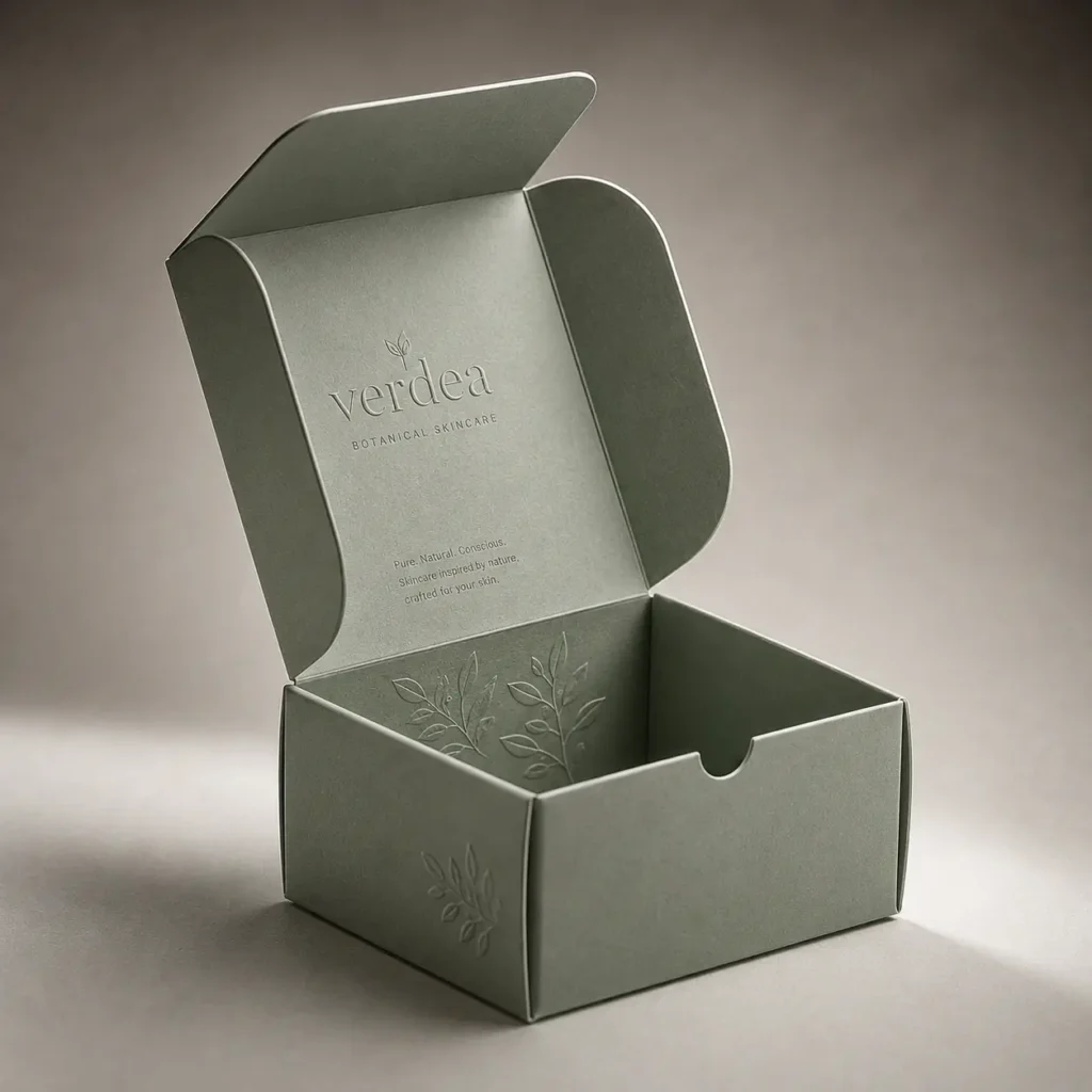 Sage green embossed mailer box open showing Verdea Botanical Skincare branding, leaf details, luxury eco-friendly custom packaging design