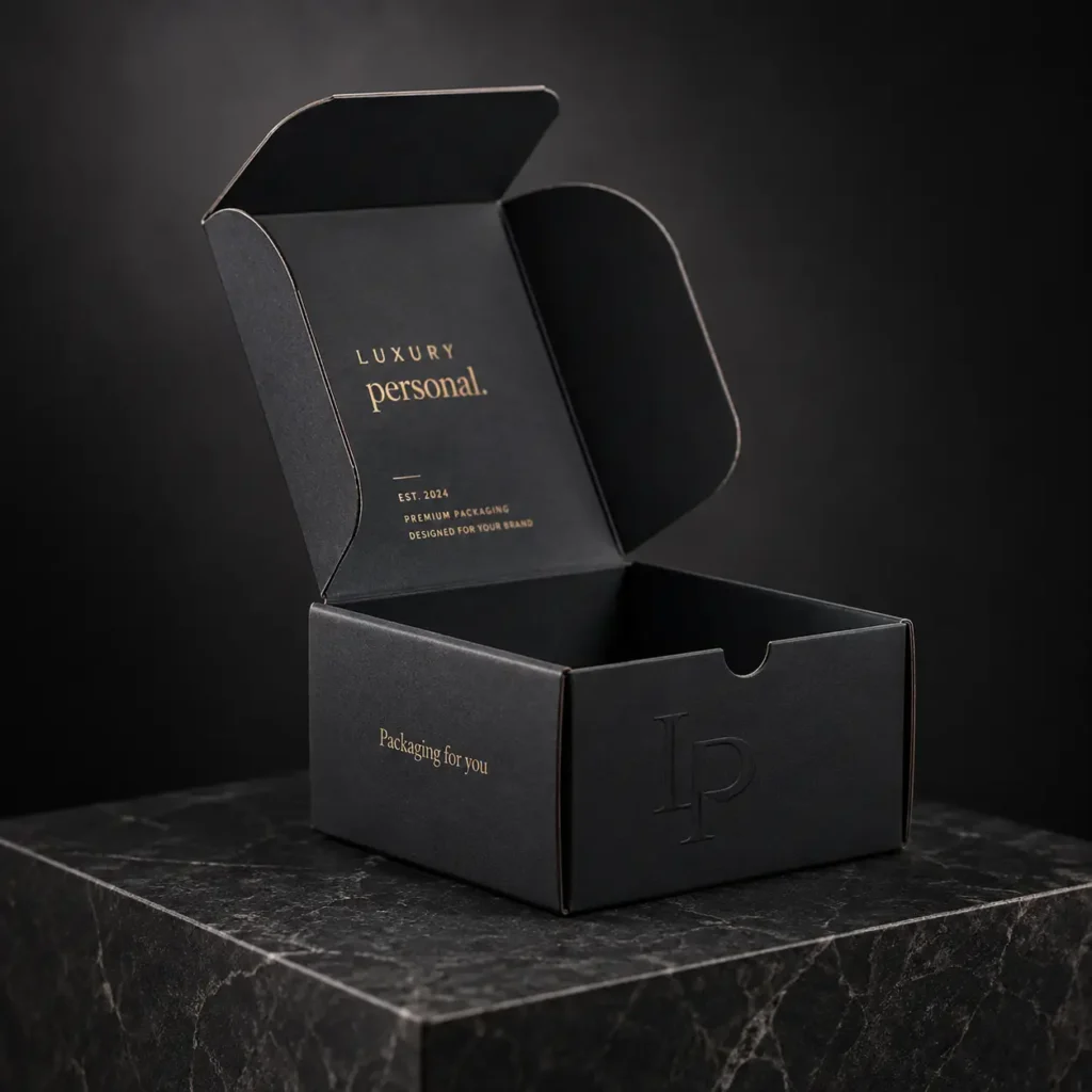 Black luxury mailer box open on marble, gold foil branding, premium custom packaging design by The Packaging Masters
