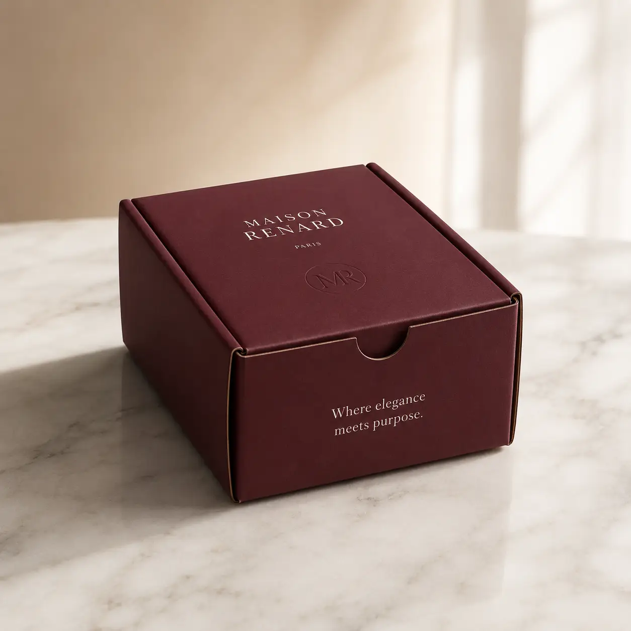 Luxury burgundy mailer box with gold Maison Renard Paris branding on marble surface, elegant custom packaging design