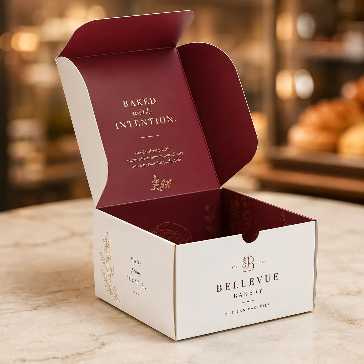 Elegant white and burgundy Bellevue Bakery pastry box open on marble counter showing gold foil branding and luxury custom packaging design