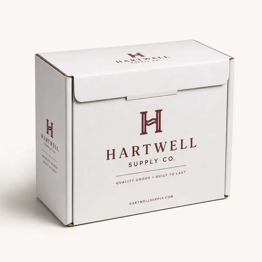 White custom mailer box with burgundy Hartwell Supply Co. logo, clean minimal branded packaging design, quality corrugated shipping box