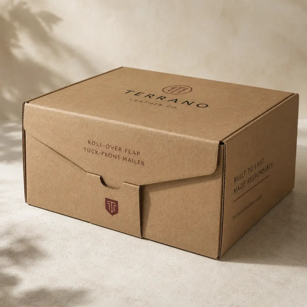 Terrano Leather Co kraft brown corrugated roll-over flap tuck-front mailer box with elegant branding