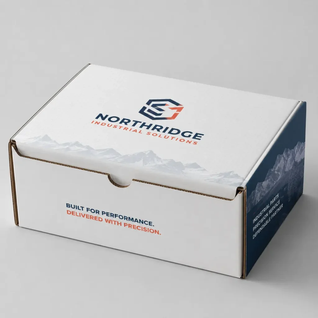 White corrugated mailer box with navy blue and orange Northridge Industrial Solutions branding, mountain graphic, custom printed packaging
