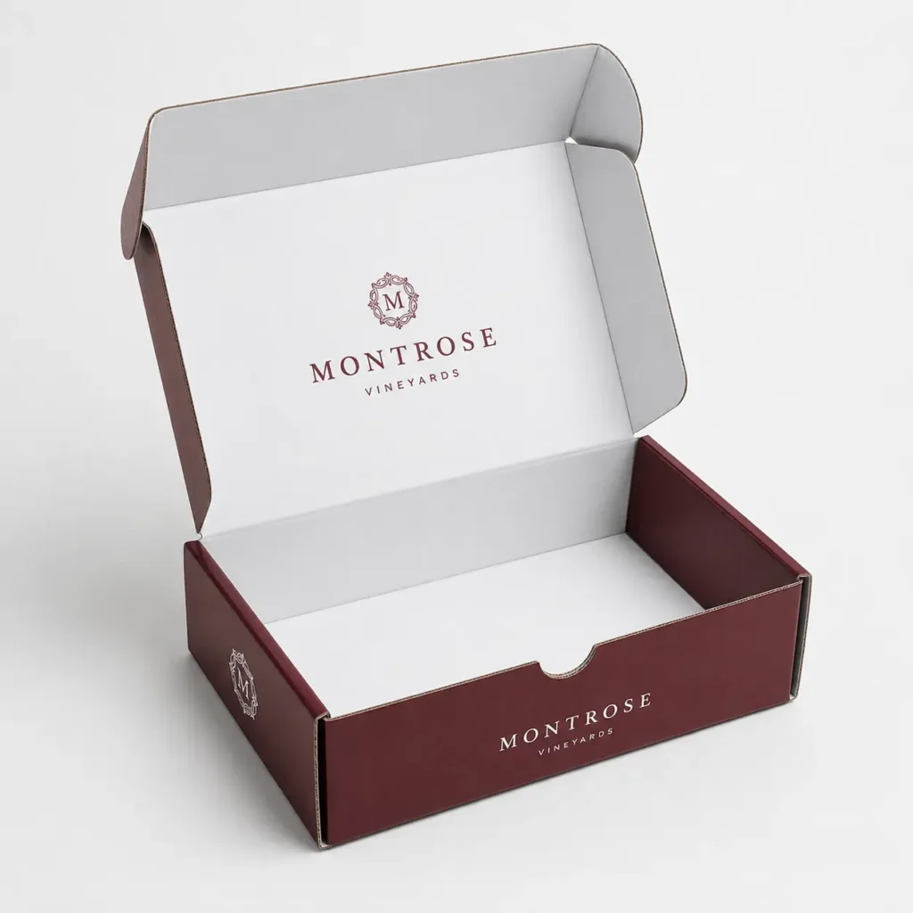 Burgundy Montrose Vineyards custom mailer box open revealing white interior branding, premium corrugated wine packaging design