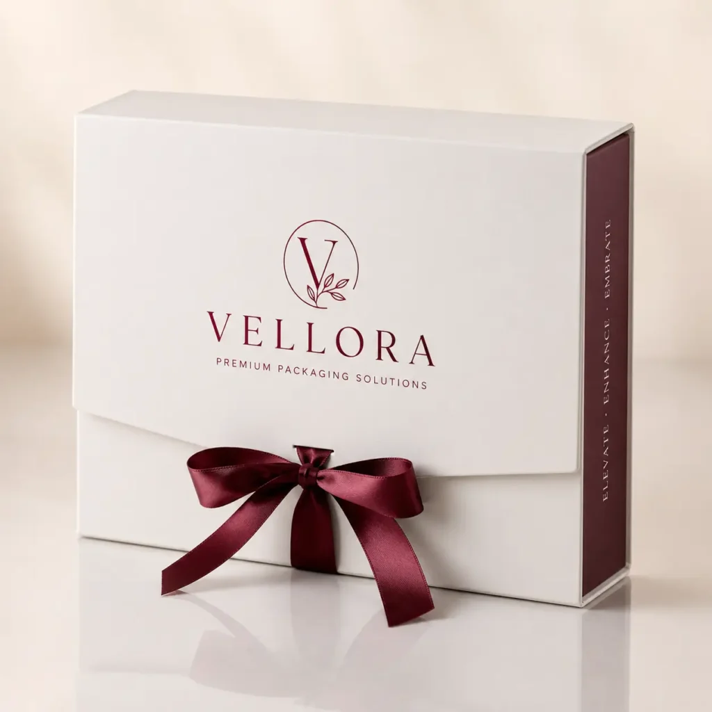 Elegant white magnetic gift box with burgundy ribbon bow and Vellora Premium Packaging Solutions logo, luxury brand packaging design