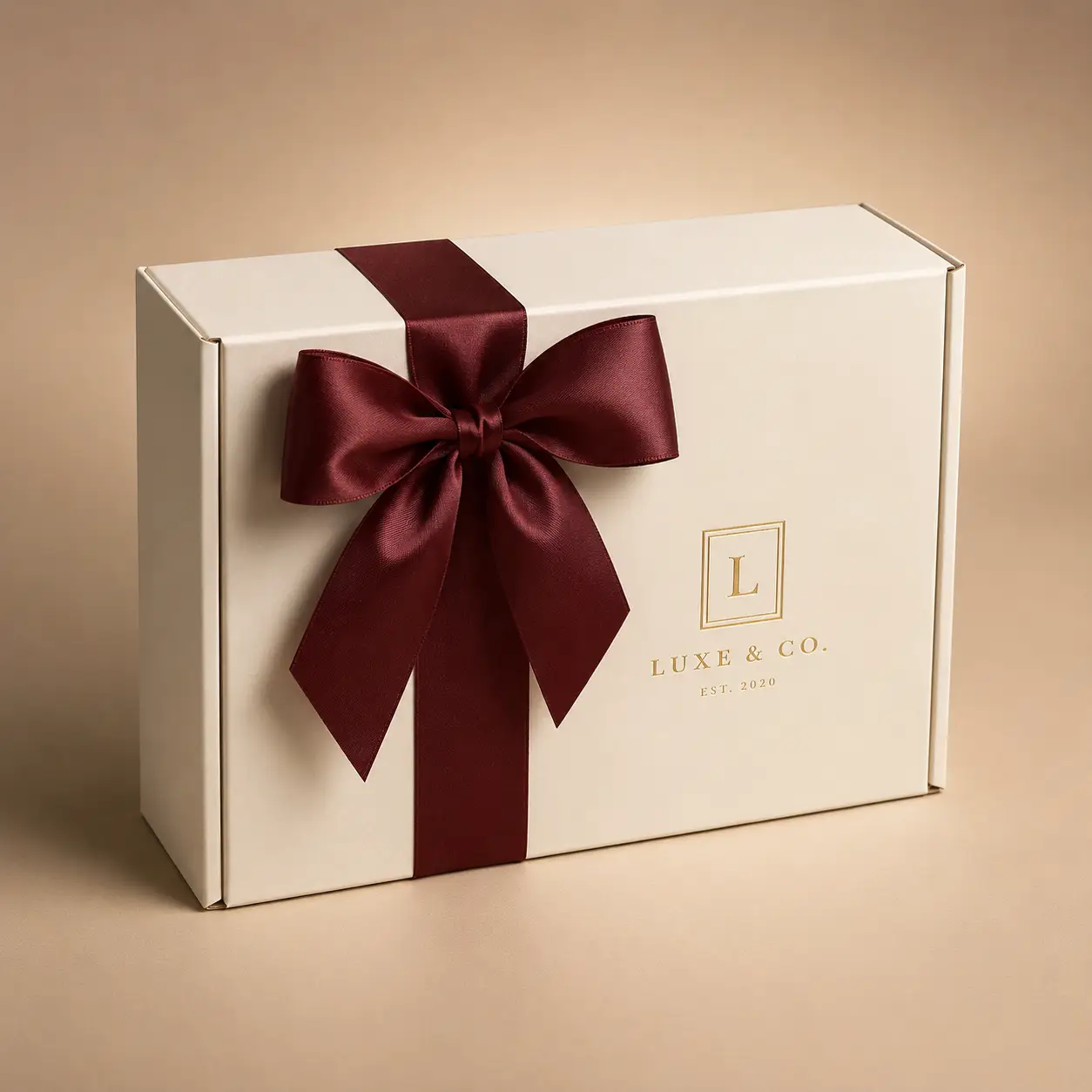 Luxury cream gift box with burgundy satin bow, gold Luxe & Co. logo, elegant custom packaging by The Packaging Masters